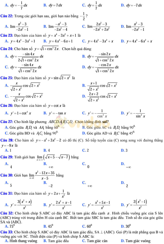 Bộ đề thi học kì 2 môn Toán lớp 11 trường THPT Đa Phúc, Hà Nội năm học 2016 - 2017 Bộ đề thi học kì 2 môn Toán lớp 11 có đáp án