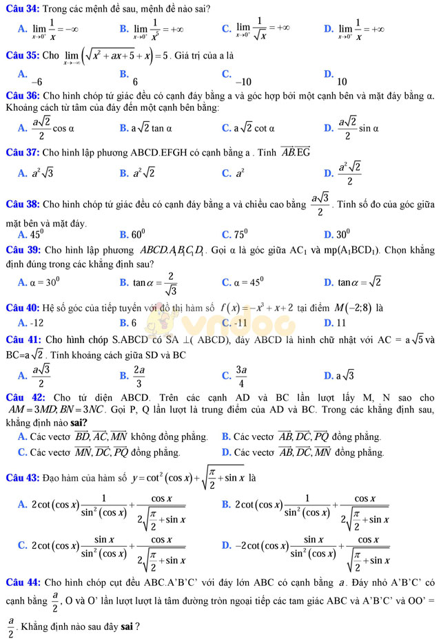 Bộ đề thi học kì 2 môn Toán lớp 11 trường THPT Đa Phúc, Hà Nội năm học 2016 - 2017 Bộ đề thi học kì 2 môn Toán lớp 11 có đáp án