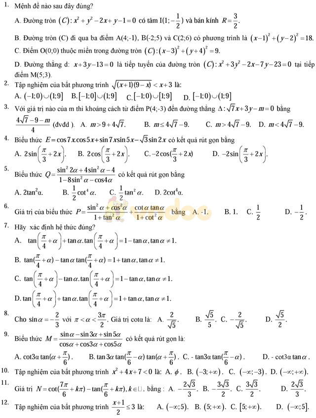 Bộ đề thi học kì 2 môn Toán lớp 10 trường THPT Đa Phúc, Hà Nội năm học 2016 - 2017 Bộ đề thi học kì 2 môn Toán lớp 10 có đáp án