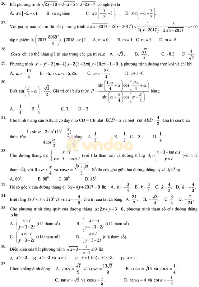 Bộ đề thi học kì 2 môn Toán lớp 10 trường THPT Đa Phúc, Hà Nội năm học 2016 - 2017 Bộ đề thi học kì 2 môn Toán lớp 10 có đáp án