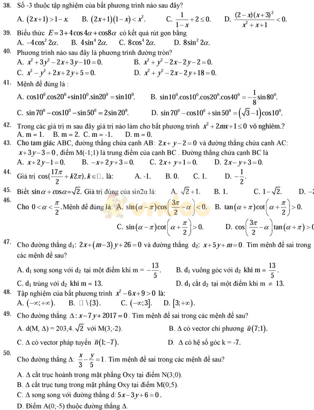 Bộ đề thi học kì 2 môn Toán lớp 10 trường THPT Đa Phúc, Hà Nội năm học 2016 - 2017 Bộ đề thi học kì 2 môn Toán lớp 10 có đáp án