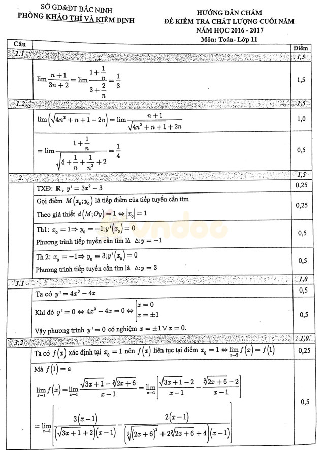 Đáp án đề thi học kì 2 lớp 11 môn Toán