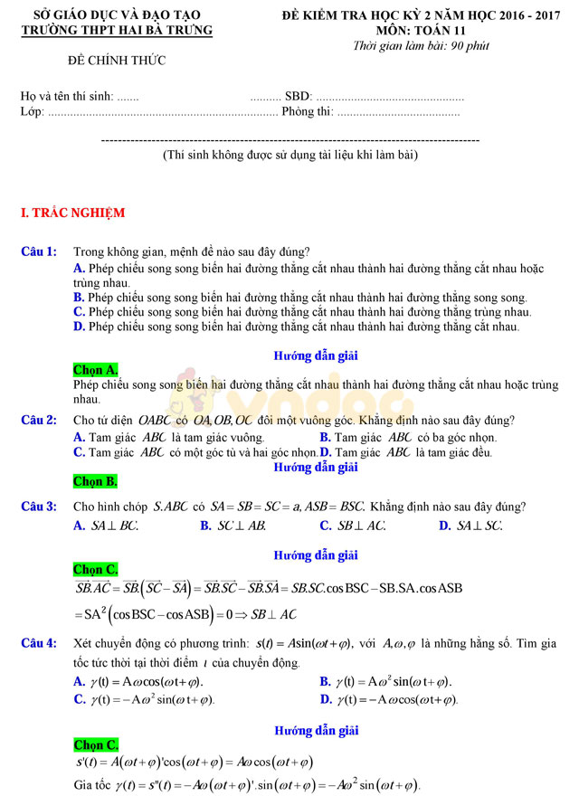 Đề thi học kì 2 lớp 11 môn Toán Đề thi học kì 2 lớp 11 môn Toán