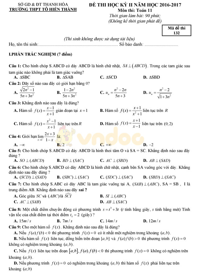 Đề thi học kì 2 lớp 11 môn Toán