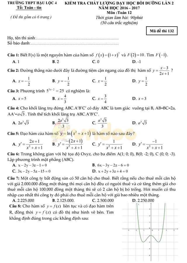 Đề thi thử THPT Quốc gia 2017 môn Toán