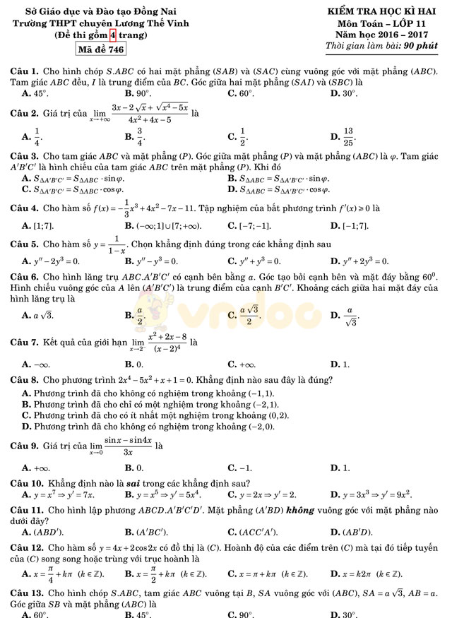 Đề thi học kì 2 lớp 11 môn Toán Đề thi học kì 2 lớp 11 môn Toán