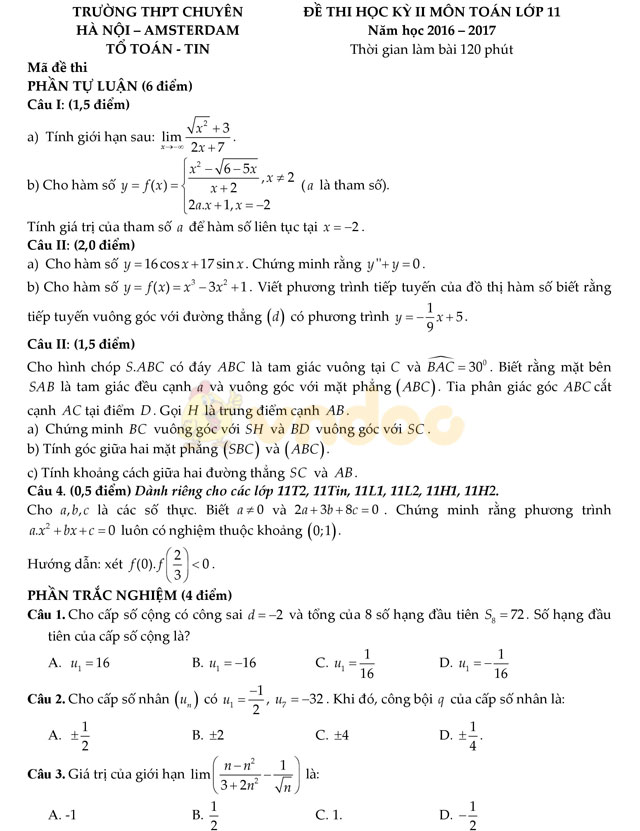 Đề thi học kì 2 lớp 11 môn Toán Đề thi học kì 2 lớp 11 môn Toán