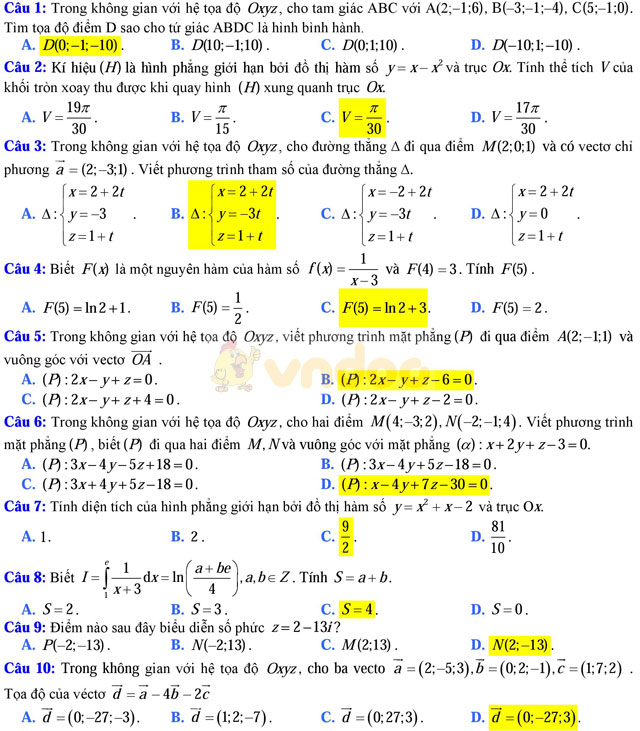 Đề thi học kì 2 môn Toán lớp 12 có đáp án
