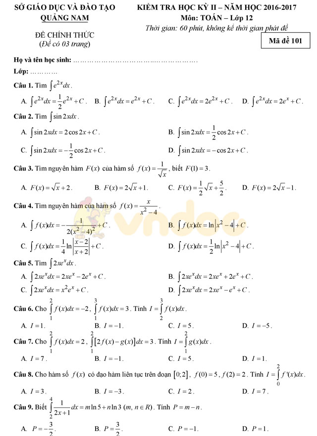 Bộ đề thi học kì 2 lớp 12 môn Toán