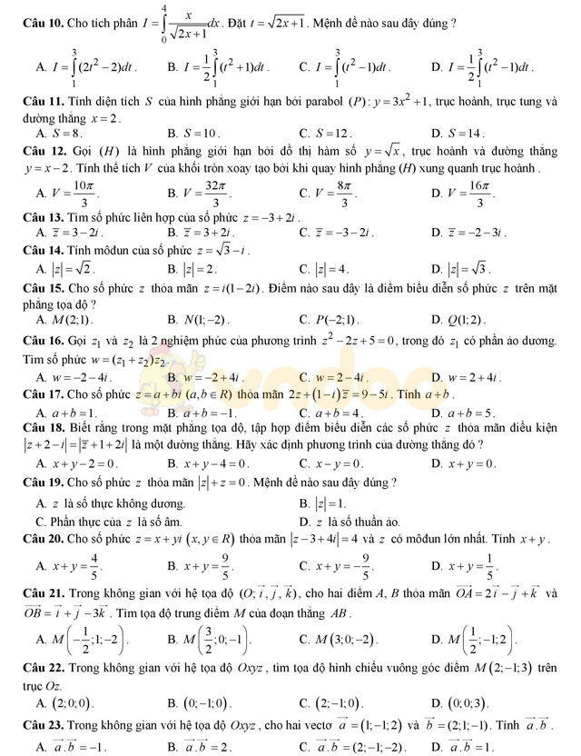 Bộ đề thi học kì 2 lớp 12 môn Toán