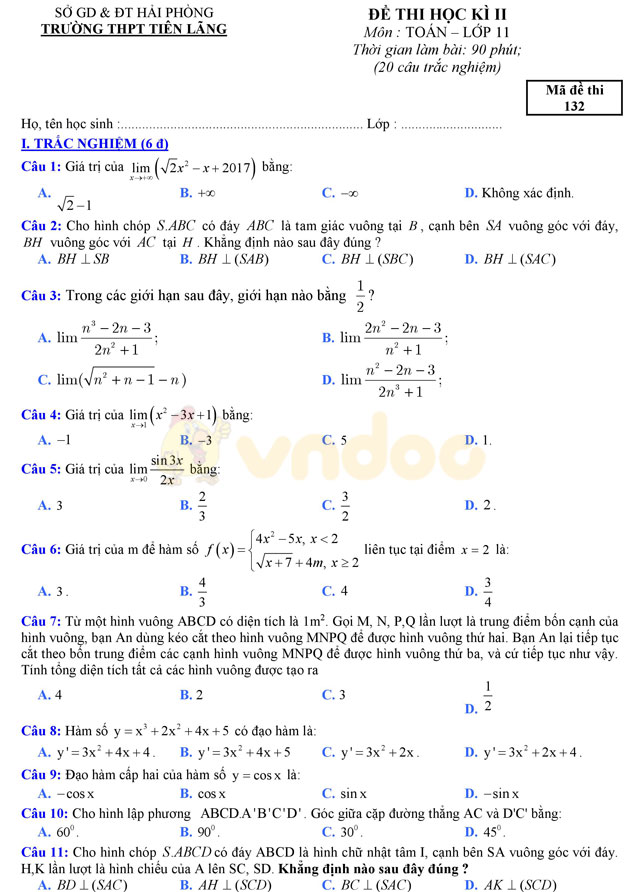 Đề thi học kì 2 lớp 11 môn Toán Đề thi học kì 2 lớp 11 môn Toán