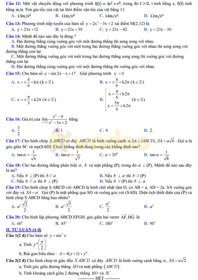 Đề thi học kì 2 lớp 11 môn Toán Đề thi học kì 2 lớp 11 môn Toán