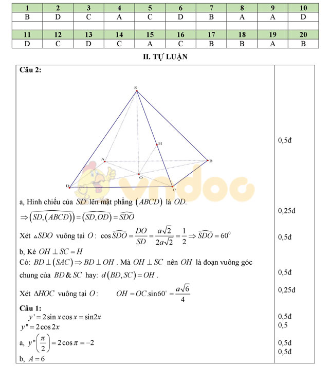 Đáp án đề thi học kì 2 lớp 11 môn Toán Đáp án đề thi học kì 2 lớp 11 môn Toán