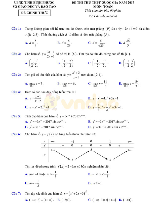 Đề thi thử THPT Quốc gia năm 2017 môn Toán 