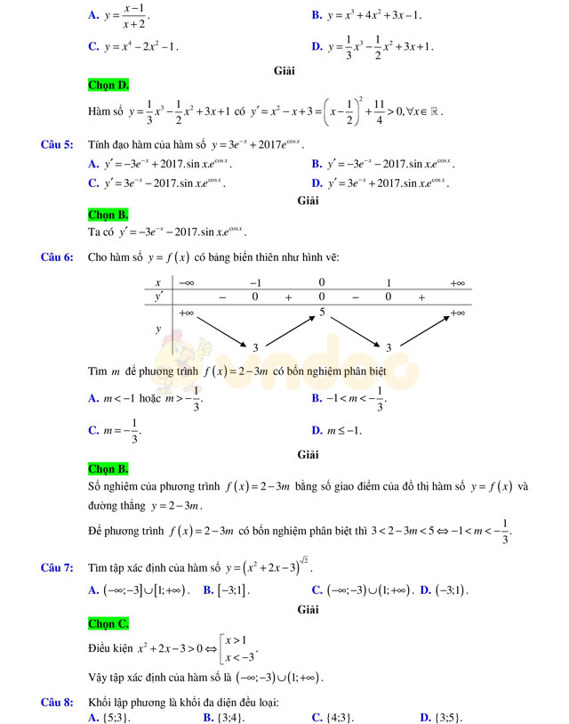 Đáp án đề thi thử THPT Quốc gia năm 2017 môn Toán 