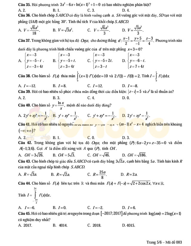 Đề thi minh họa môn Toán lần 3 Đề thi minh họa môn Toán lần 3