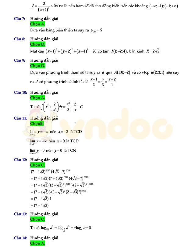Đáp án đề thi minh họa môn Toán lần 3 Đáp án đề thi minh họa môn Toán lần 3