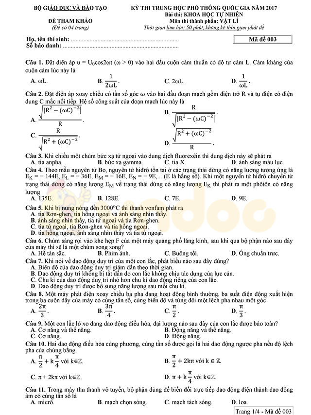 Đề thi minh họa môn Vật lý lần 3 Đề thi minh họa môn Vật lý lần 3