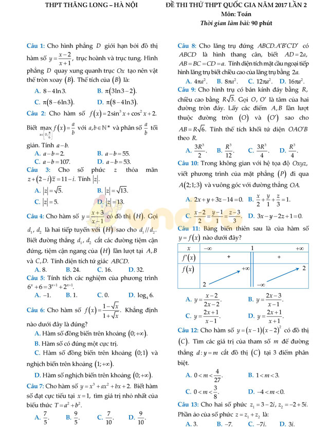 Đề thi thử THPT Quốc gia năm 2017 môn Toán