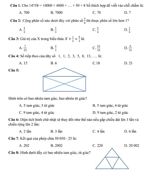 Trắc nghiệm môn Toán lớp 4 có đáp án Câu hỏi trắc nghiệm môn Toán lớp 4