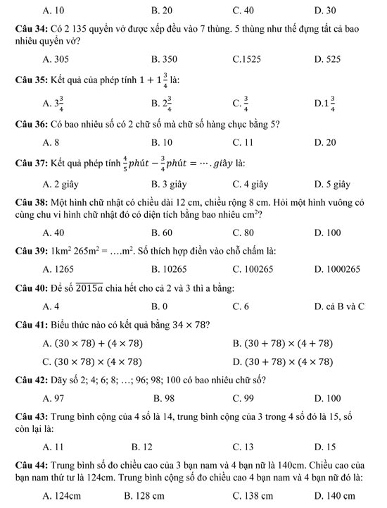 Trắc nghiệm môn Toán lớp 4 có đáp án Câu hỏi trắc nghiệm môn Toán lớp 4