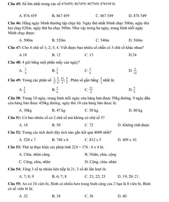 Trắc nghiệm môn Toán lớp 4 có đáp án Câu hỏi trắc nghiệm môn Toán lớp 4