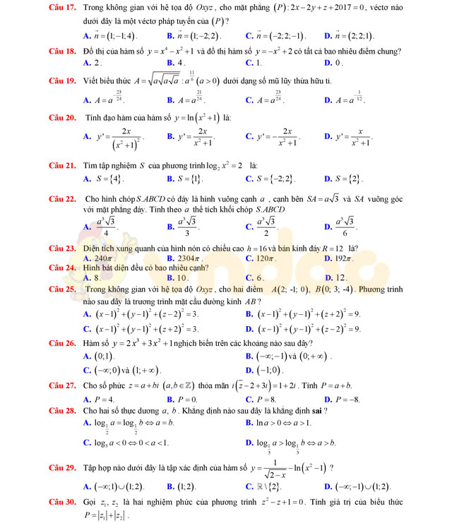 Đề thi thử THPT Quốc gia năm 2017 môn Toán