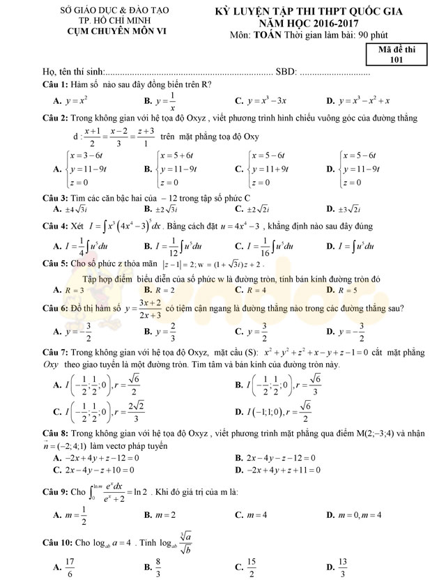 Đề thi thử THPT Quốc gia năm 2017 môn Toán