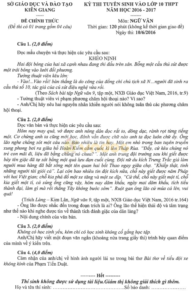 Đề thi tuyển sinh vào lớp 10 môn Ngữ văn tỉnh Kiên Giang năm học 2016 - 2017 Đề thi tuyển sinh vào lớp 10 môn Ngữ văn có đáp án