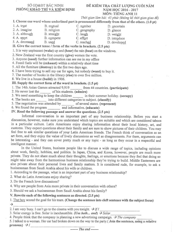 Đề thi học kì 2 môn Tiếng Anh lớp 11 năm học 2016 - 2017 có đáp án