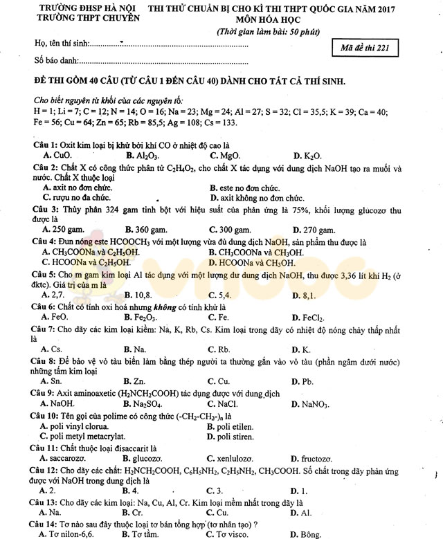 Đề thi thử THPT Quốc gia năm 2017 môn Hóa học