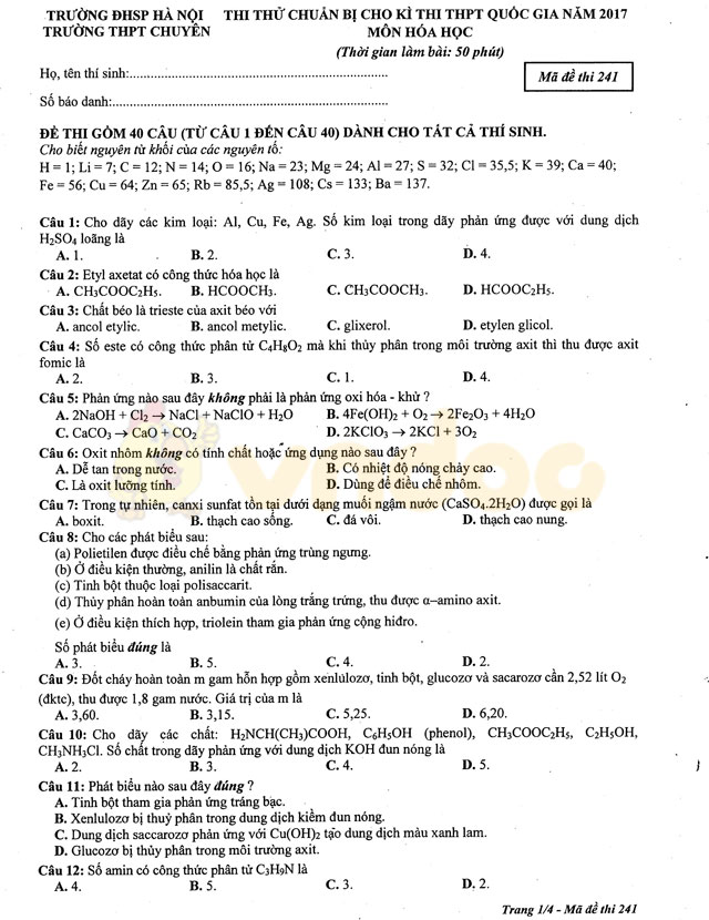 Đề thi thử THPT Quốc gia năm 2017 môn Hóa học Đề thi thử THPT Quốc gia năm 2017 môn Hóa học