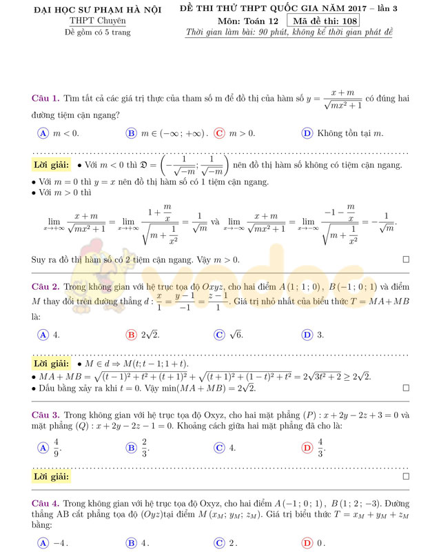 Đề thi thử THPT Quốc gia năm 2017 môn Toán 