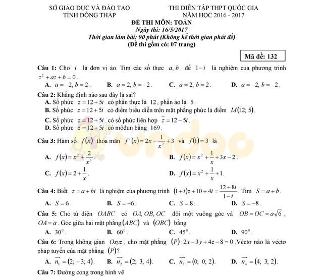 Đề thi thử THPT Quốc gia năm 2017 môn Toán