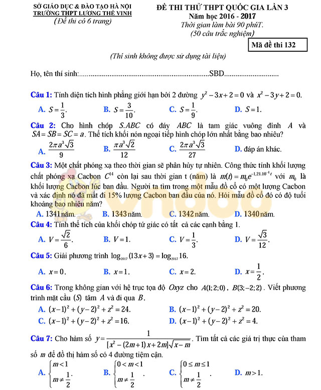 Đề thi thử THPT Quốc gia năm 2017 môn Toán 
