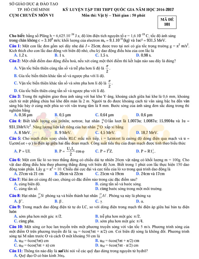 Đề thi thử THPT Quốc gia năm 2017 môn Vật lý