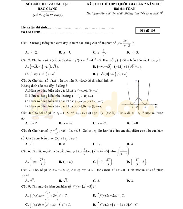 Đề thi thử THPT Quốc gia 2017 môn Toán