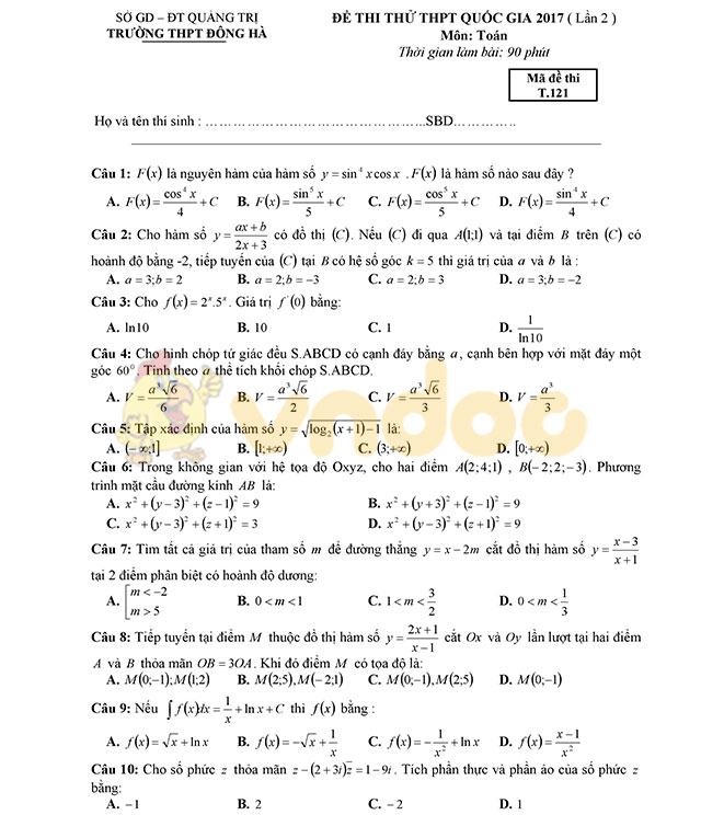 Đề thi thử THPT Quốc gia 2017 môn Toán