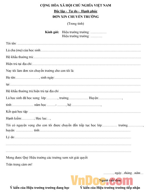 Mẫu đơn xin chuyển trường cho trẻ mầm non Mẫu đơn xin chuyển trường mầm non