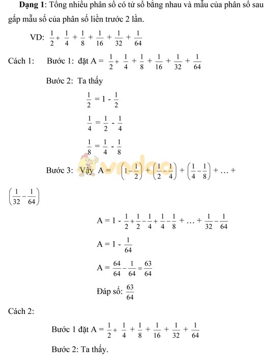 Dạng Toán tính nhanh phân số lớp 1
