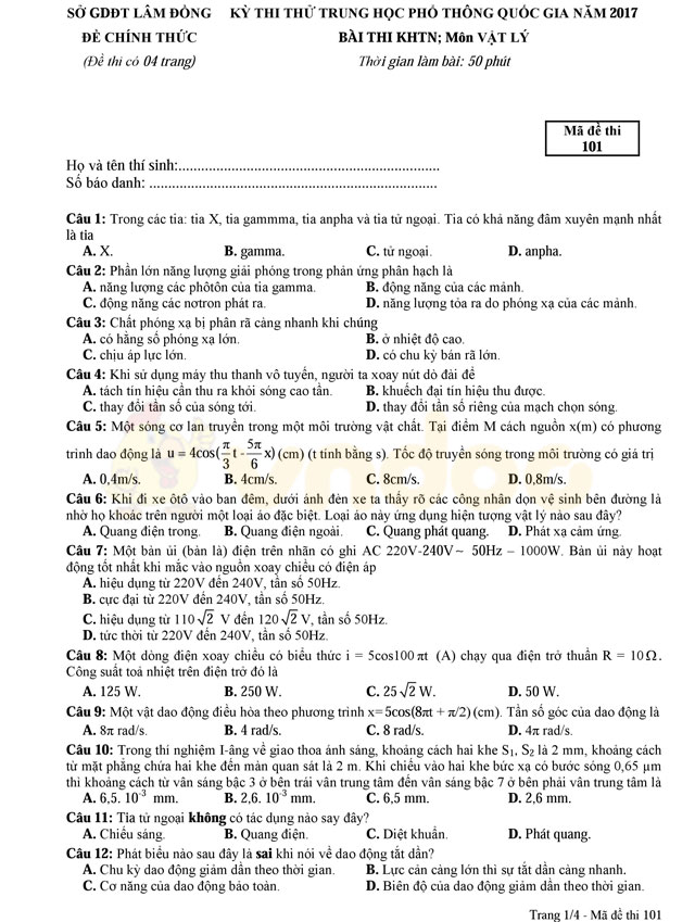 Đề thi thử THPT Quốc gia 2017 môn Vật lý Đề thi thử THPT Quốc gia 2017 môn Vật lý