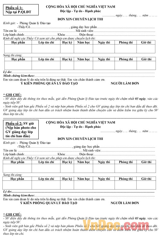 Mẫu đơn xin chuyển lịch thi