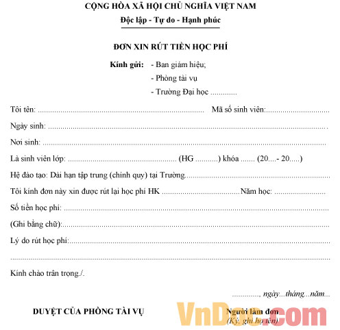 Mẫu đơn xin rút tiền học phí