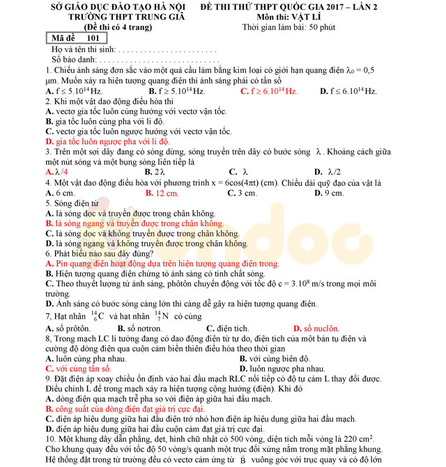 Đề thi thử THPT Quốc gia 2017 môn Vật lý Đề thi thử THPT Quốc gia 2017 môn Vật lý