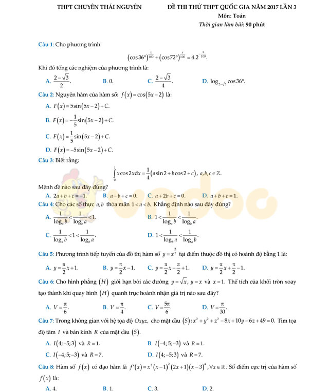 Đề thi thử THPT Quốc gia 2017 môn Toán
