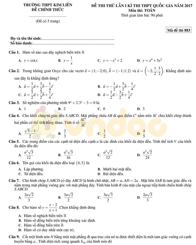 Đề thi thử THPT Quốc gia năm 2017 môn Toán