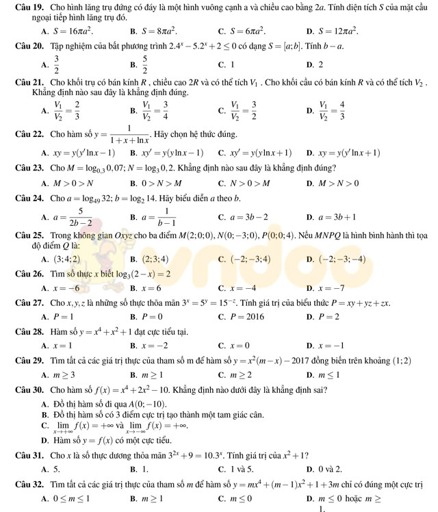 Đề thi thử THPT Quốc gia năm 2017 môn Toán