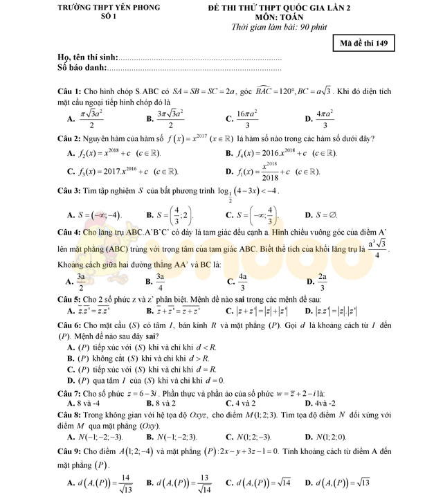 Đề thi thử THPT Quốc gia năm 2017 môn Toán