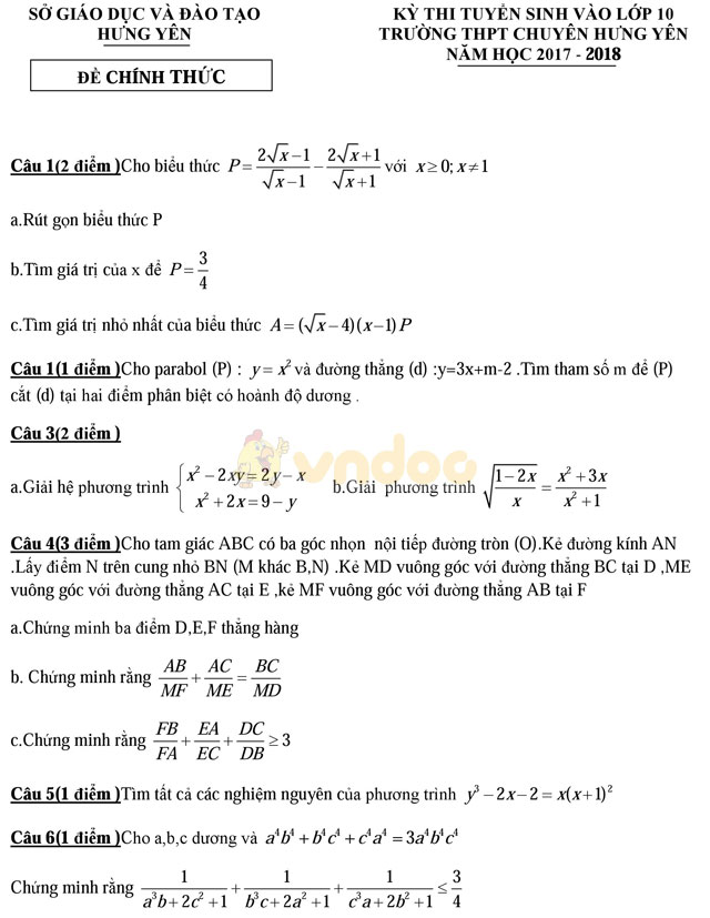 Đề thi tuyển sinh lớp 10 môn Toán năm 2017