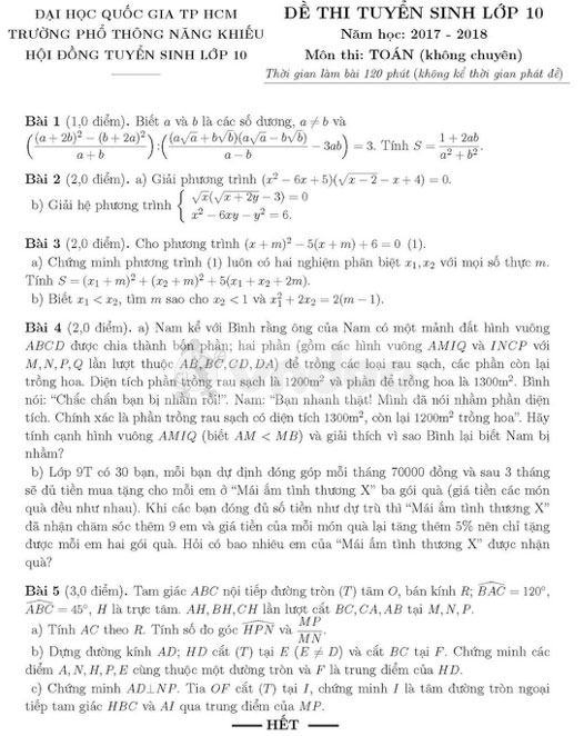 Đề thi vào lớp 10 môn Toán trường THPT Năng khiếu - Đại học Quốc gia TP HCM năm học 2017 - 2018 (Không chuyên) Đề thi tuyển sinh vào lớp 10 môn toán năm 2017